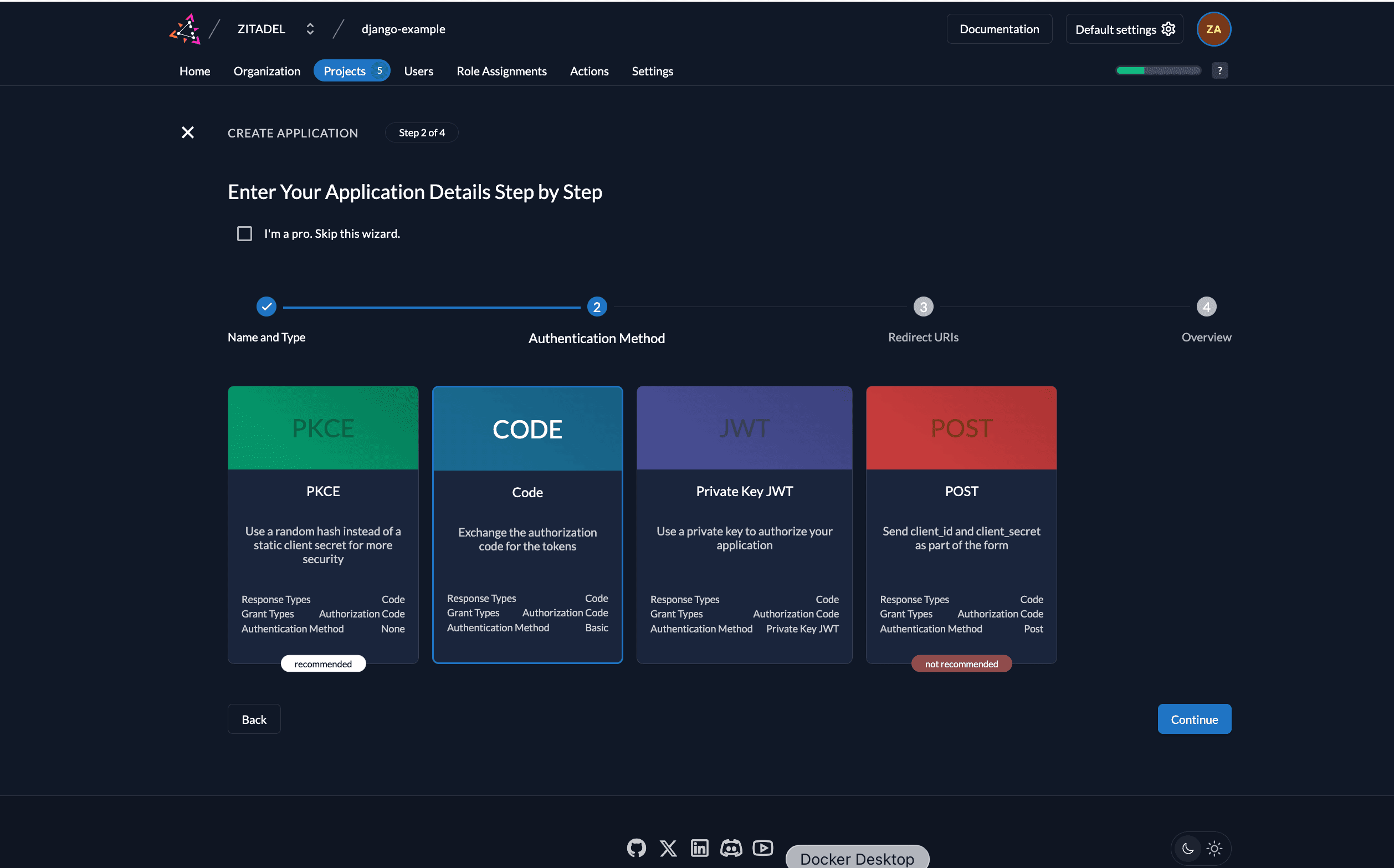 Configure app authentication method in management console