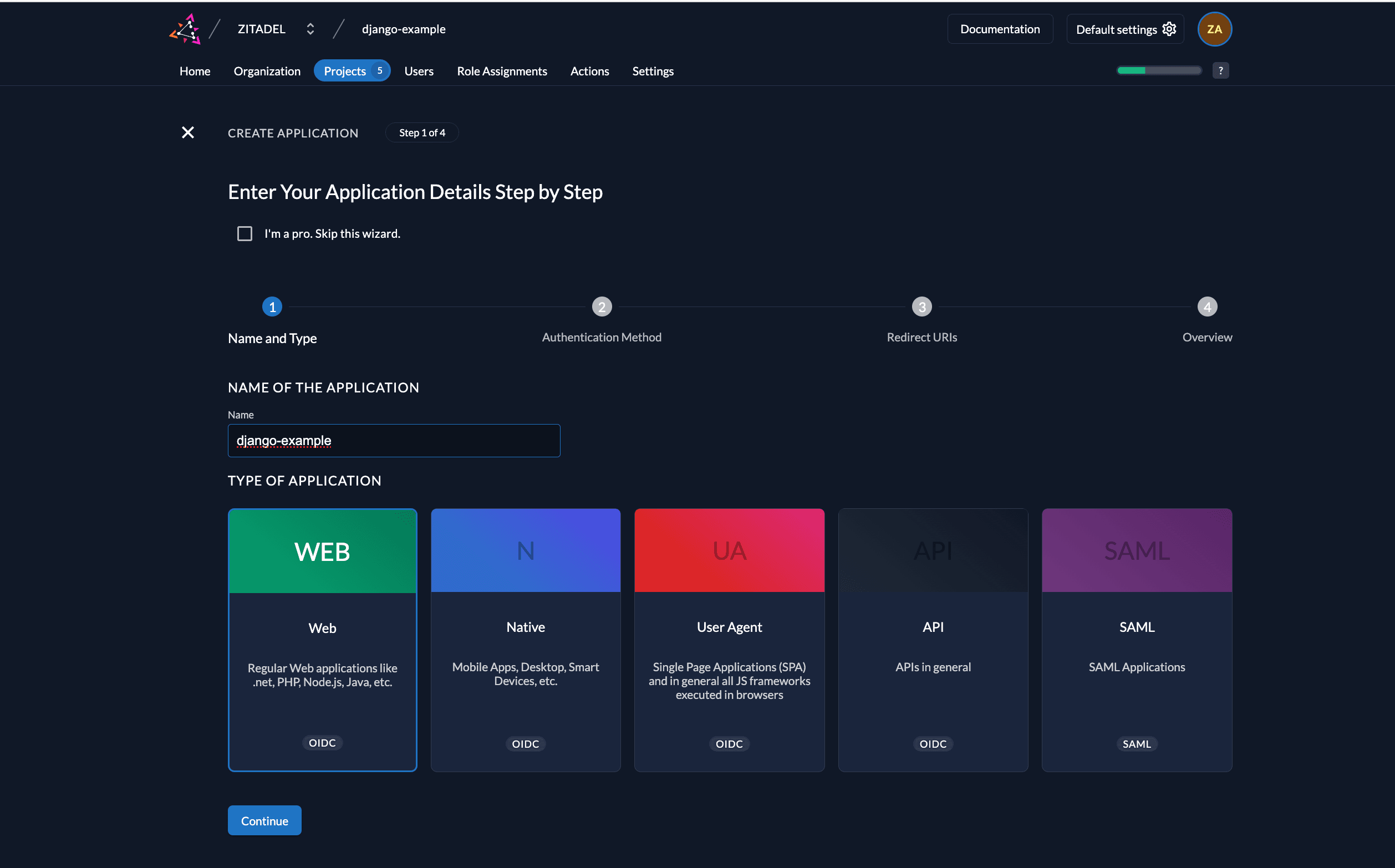 Create app in management console